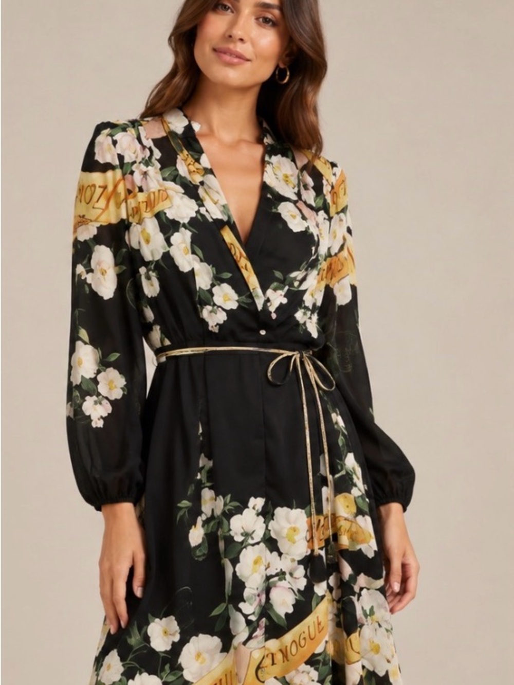 Black Floral Long-Sleeve Dress with Gold Waist Belt